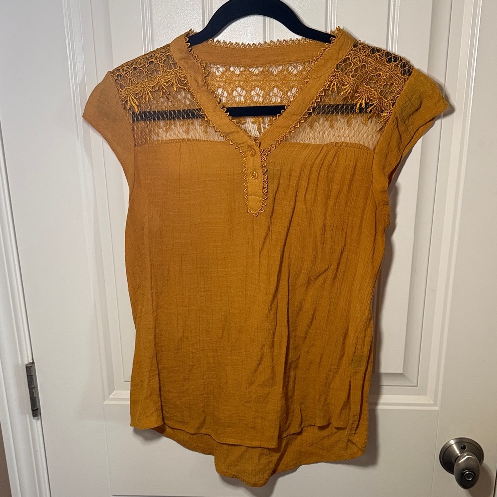 Elegant Mustard Lace Accent Blouse
